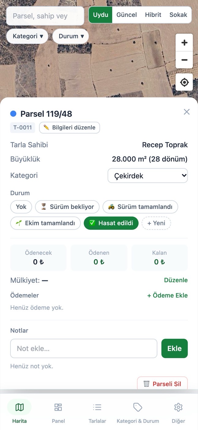 MercanApp telefon görünümü: parselin sahibi, büyüklüğü, kategorisi ve durum seçenekleri